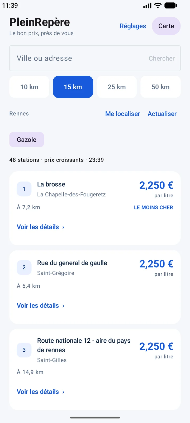 Fiche de station dans la liste Android : prix par litre, distance et bouton Voir les détails.