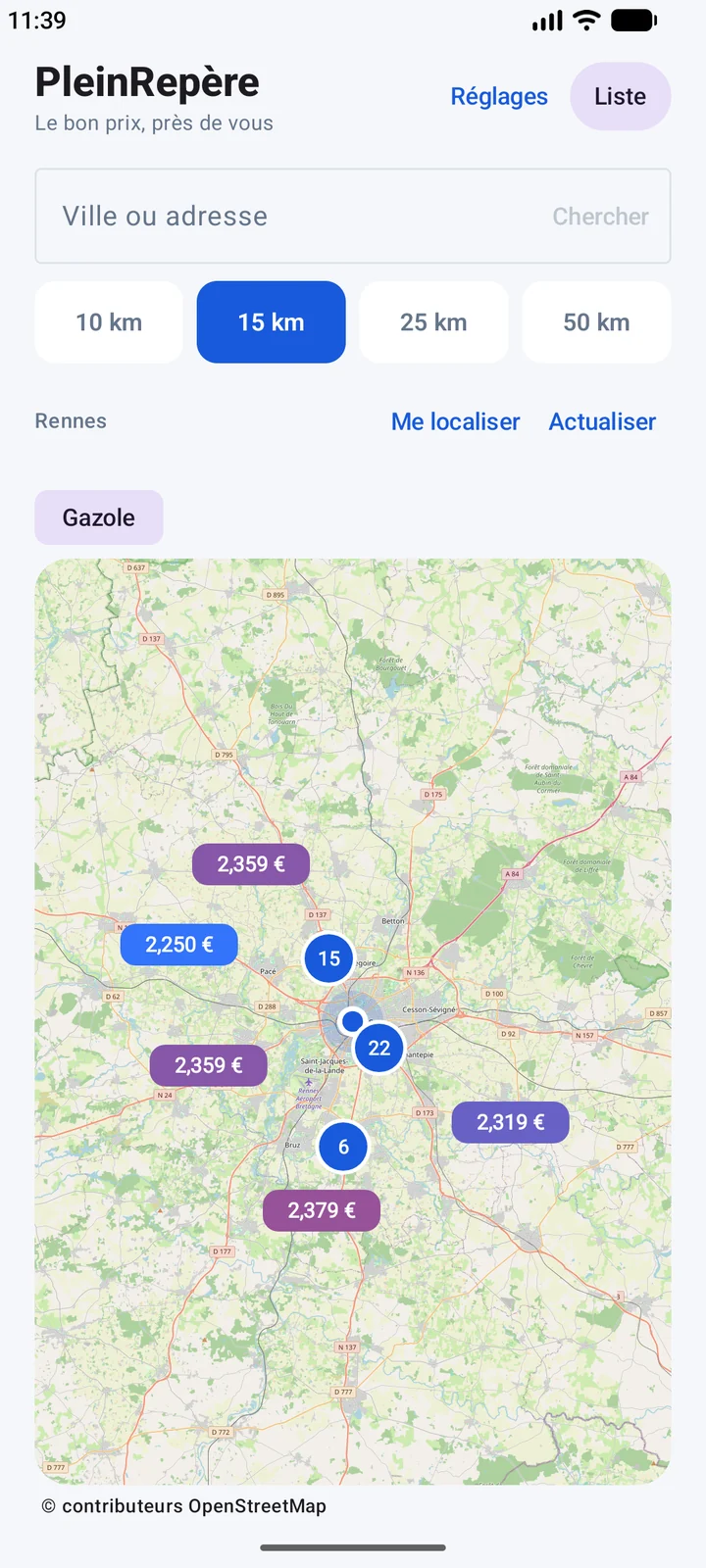 PleinRepère Android : recherche autour de Rennes et carte des stations avec leurs prix en euros.